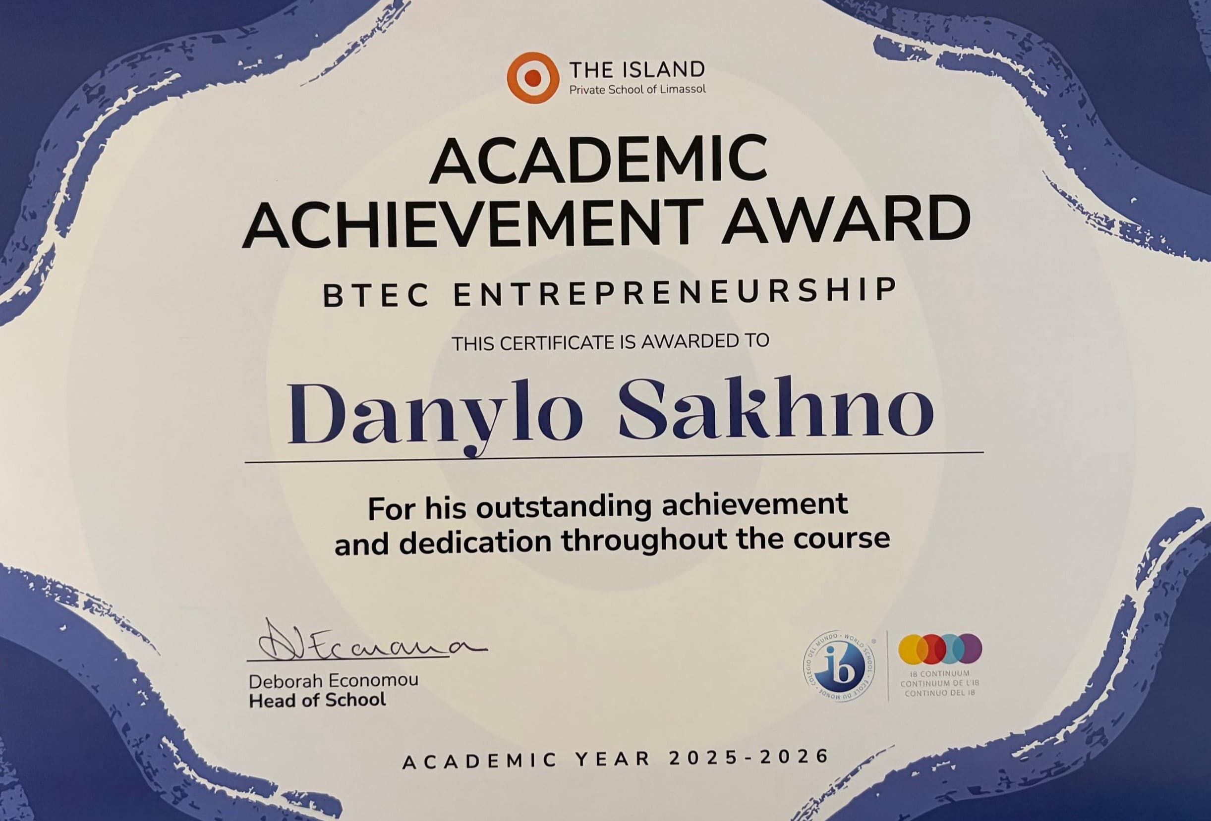 Academic Achievement Award for BTEC Entrepreneurship, awarded to Danylo Sakhno