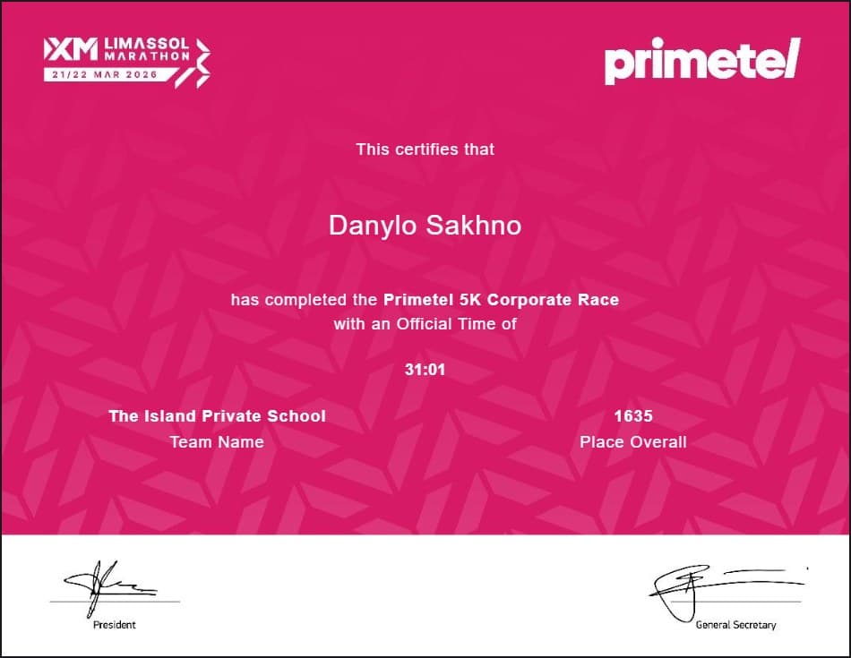 Primetel 5K Corporate Race finisher certificate from the XM Limassol Marathon 2026, awarded to Danylo Sakhno with an official time of 31:01