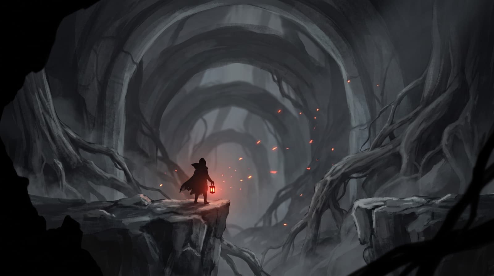 A hand-painted 2D platformer scene: a lone cloaked figure on a ledge in a vast grey cavern, lit by a red lantern and drifting embers.