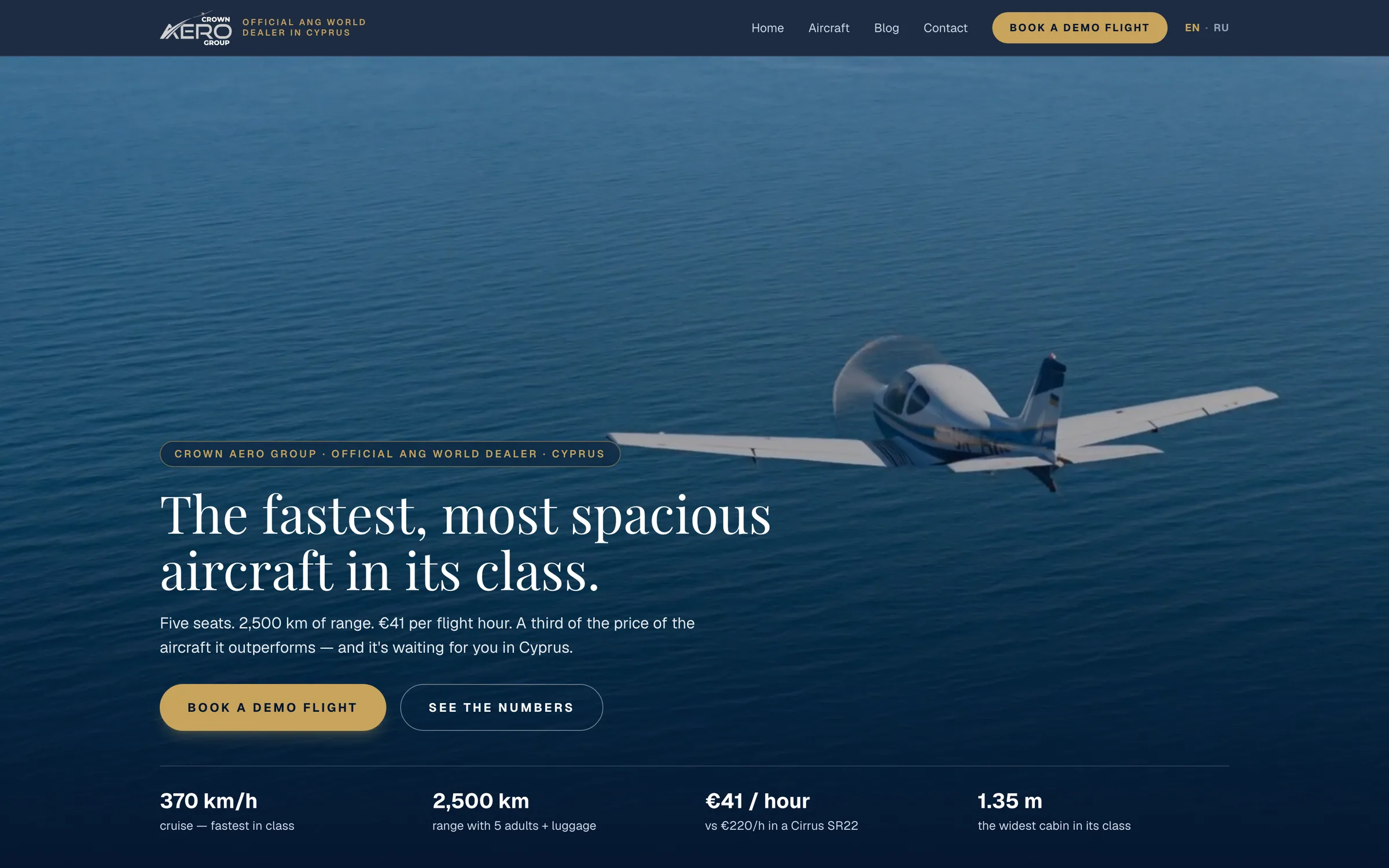 The Crown Aero Group home page: a light aircraft banking over open sea, with cruise speed, range and cost per hour listed beneath.