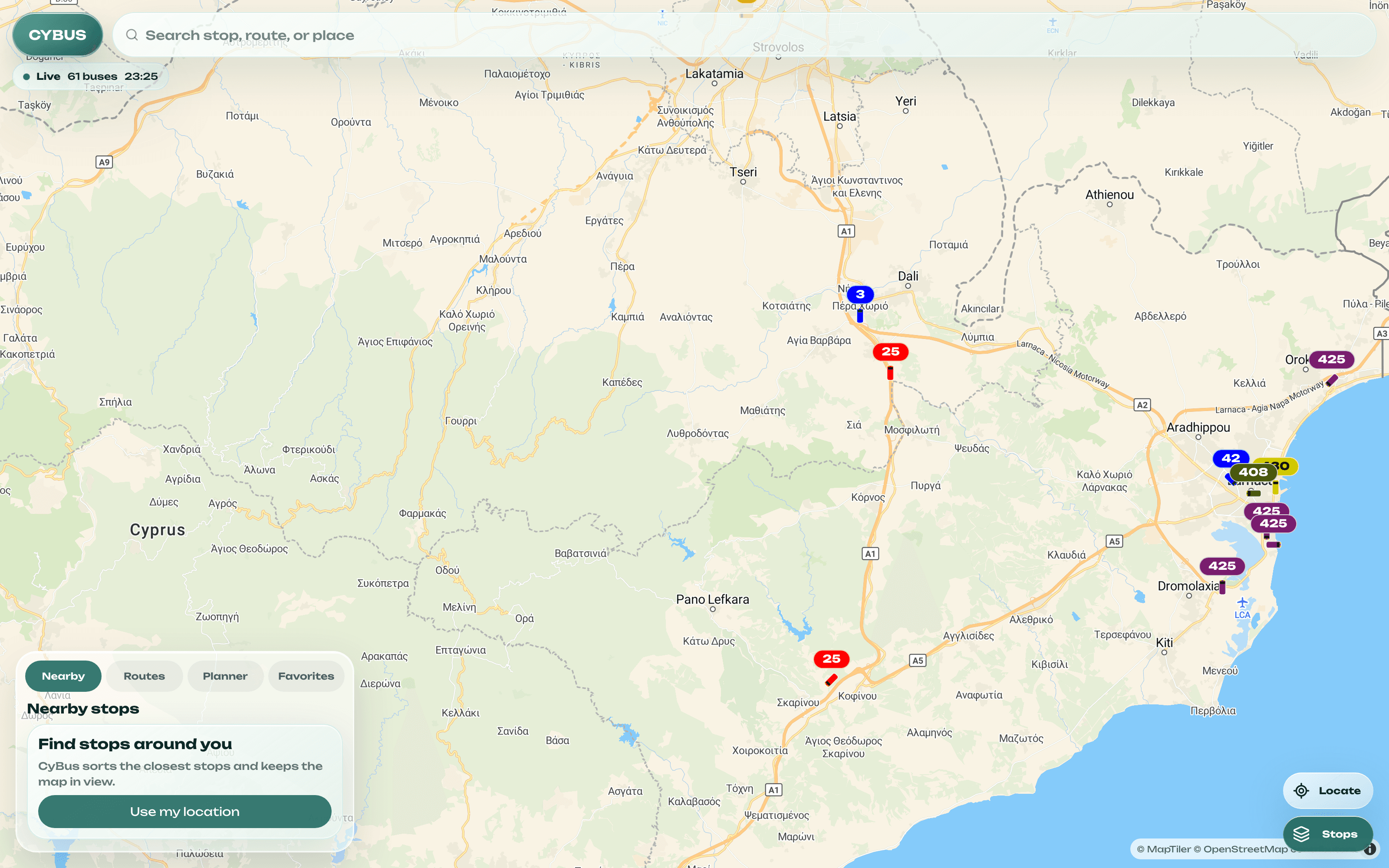 The CyBus live map showing Cyprus with numbered bus route markers near Larnaca and Nicosia.