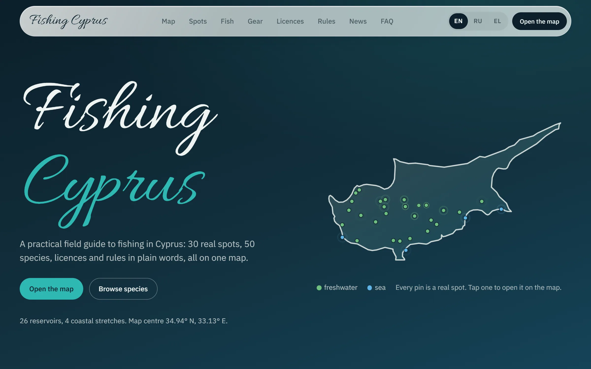 The Fishing Cyprus home page: a deep teal underwater background, the title in white and turquoise script, and an outline map of Cyprus dotted with green freshwater and blue sea fishing spots.