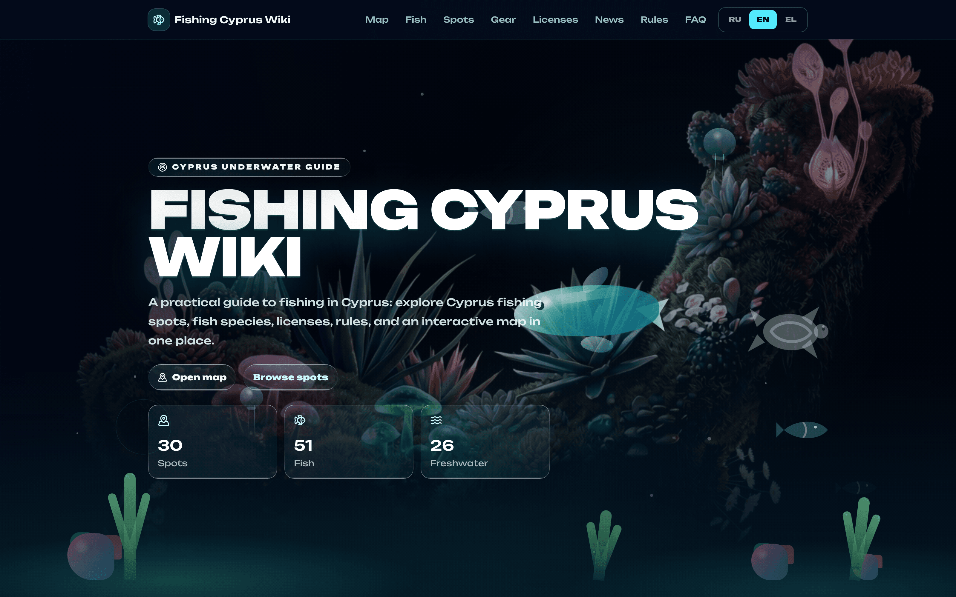 The Fishing Cyprus Wiki home page, a dark underwater scene with counters for spots, fish and freshwater species.
