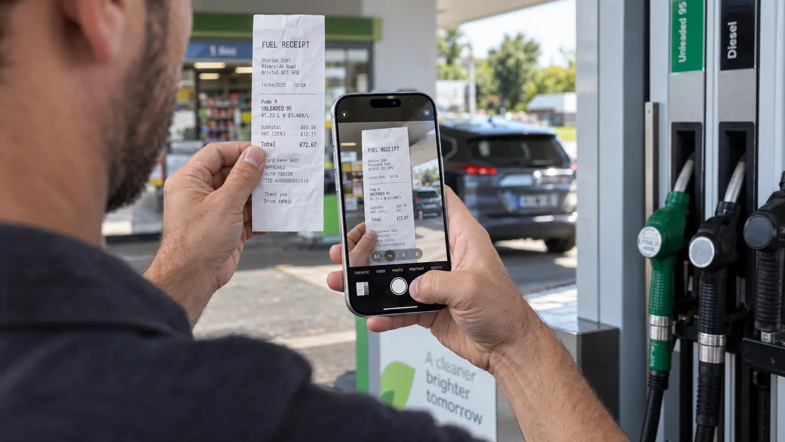 A man at a petrol station photographing a fuel receipt with his phone, the receipt filling the camera preview on screen.